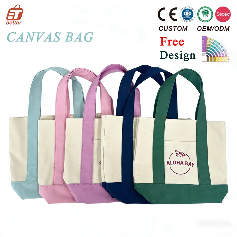 Canvas Shopping Bag Embroidery Women Mini Cotton Tote with Pocket, Custom Logo & OEM/ODM Welcome