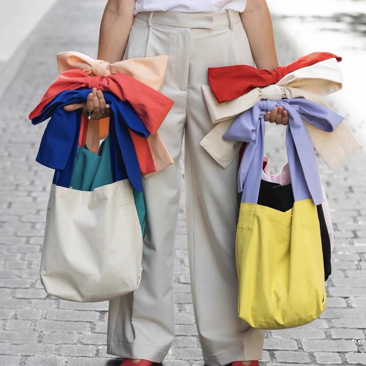 Wholesale Casual Cute Girl Personalised Bowknot Tote Bag Canvas Foldable Reusable Shopping Cotton Bow Tote Bag