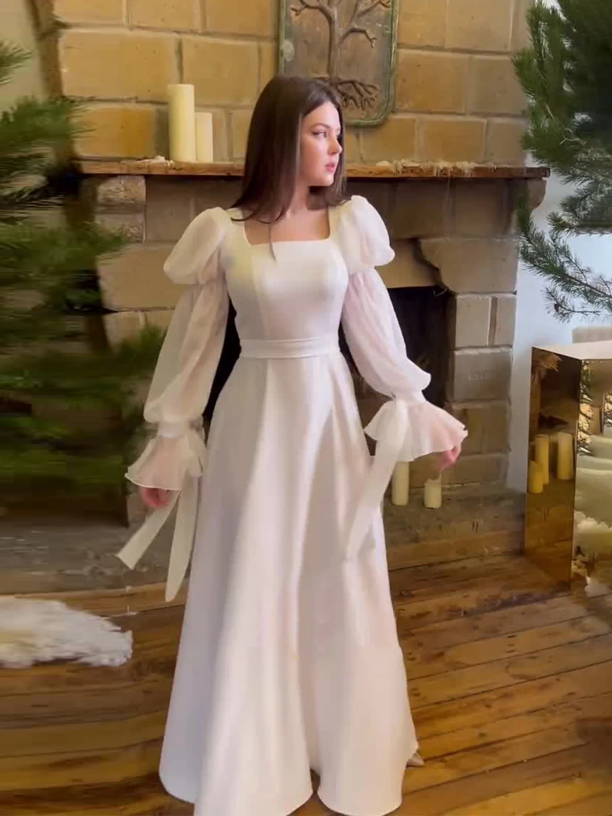 Spring 2025 French Style Sweet Holiday Dress White Square Collar Puff Sleeve Long Dresses Women Elegant Prom Party Dress Casual
