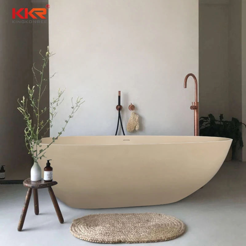 Badewanne Aus Kunststein Quarzbeige Acryl-mineralwerkstoff Eiförmig Freistehend