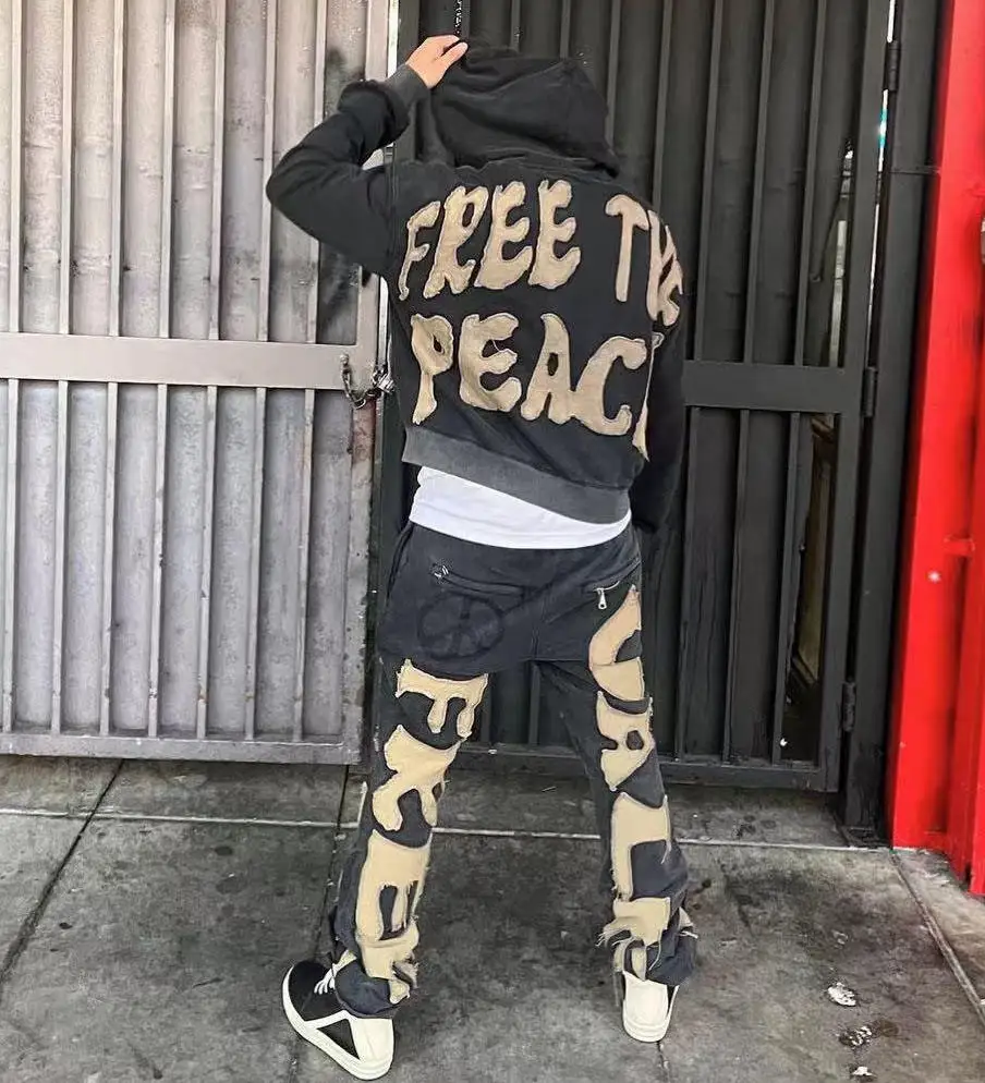 Custom Acid Wash Sweat Suit Cotton French Terry Zip up Tracksuit Applique Zipper Men Sweatpants Hoodie and Jogger Sweat Pant Set gallery 4