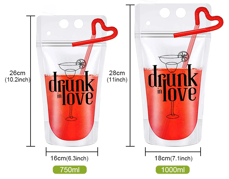 Custom Plastic Stand Up Party Beverage Bag Zipper Clear Juice Drink