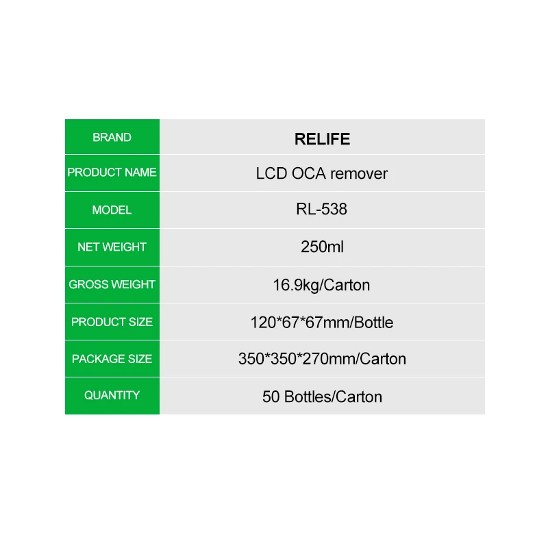 RELIFE RL-538 250ML LCD Screen OCA Removing Liquids for iphone Samsung xiaomi Huawei Repair Solution OCA Glue Cleaning Fluid