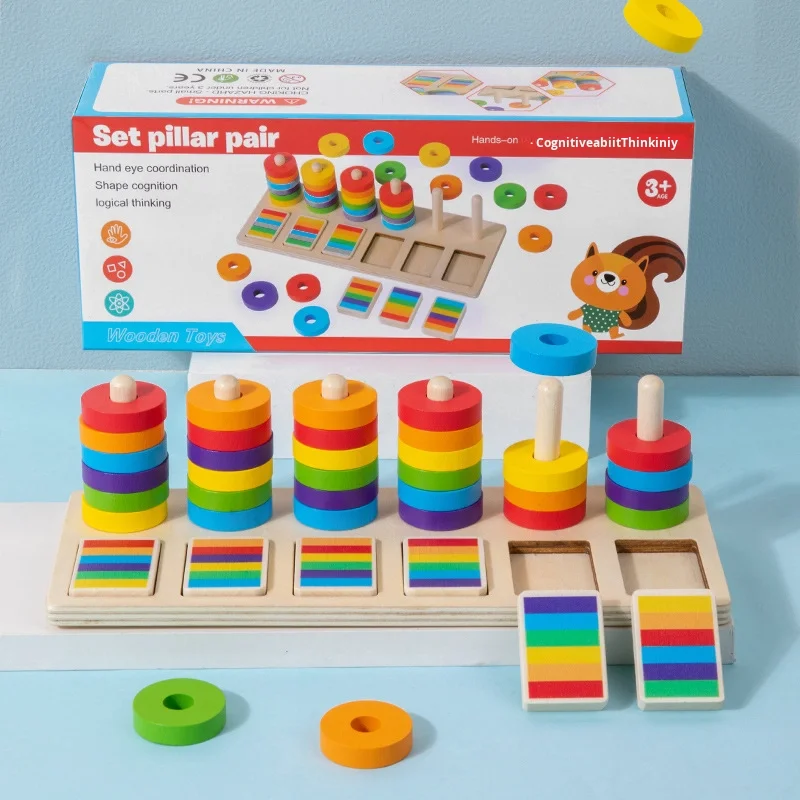 Rainbow Montessori Educational Early Childhood Stacking Blocks Toys Kindergarten Color Matching Rings Set Boards Wood CPC/EN71