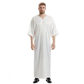 2024 New Middle East Muslim Men's Mid sleeved Embroidered Robe Moroccan Robe Arab Men's Solid Color Clothing
