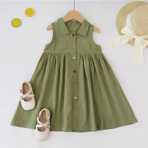 Girls Cotton Linen Sundress Summer Casual Solid Color Breathable Sleeveless Dress for Children Clothes for Kids