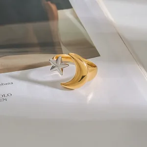 MW Women's Trendy 18K Gold-Plated Stainless Steel Jewelry Ring with Two-Tone Star and Moon Design for Daily Wear