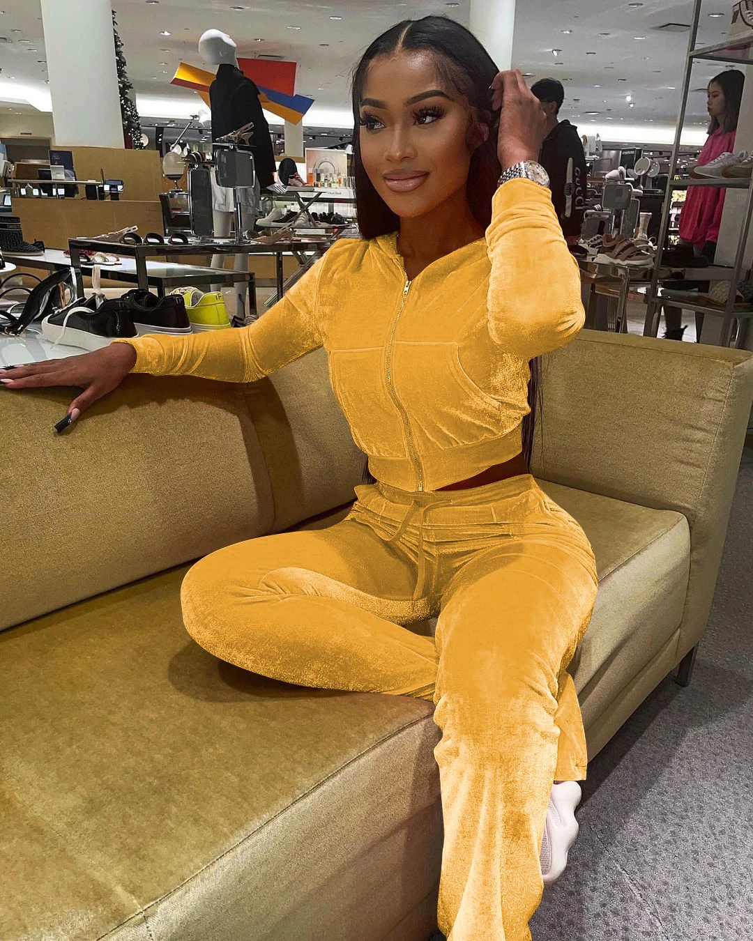 yellow velvet track suit