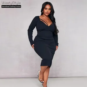 Autumn Winter Collection European American Elegant Style Casual Slim Fit Natural Mini V-neck Long Sleeve Solid Office Dresses