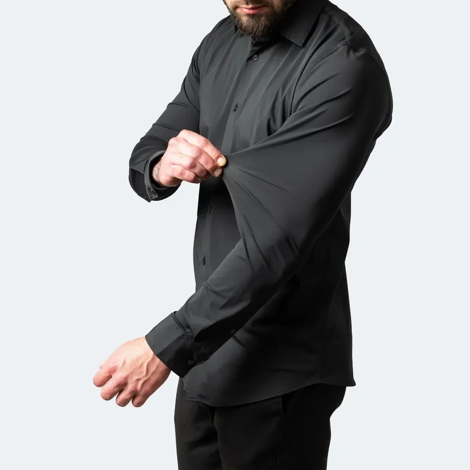 Männer Hemden Einfarweg Langärmlech Stretch 4-Wee-Stretch Formell Hemd Business Casual Button-Down Hemden166_voghion.com
