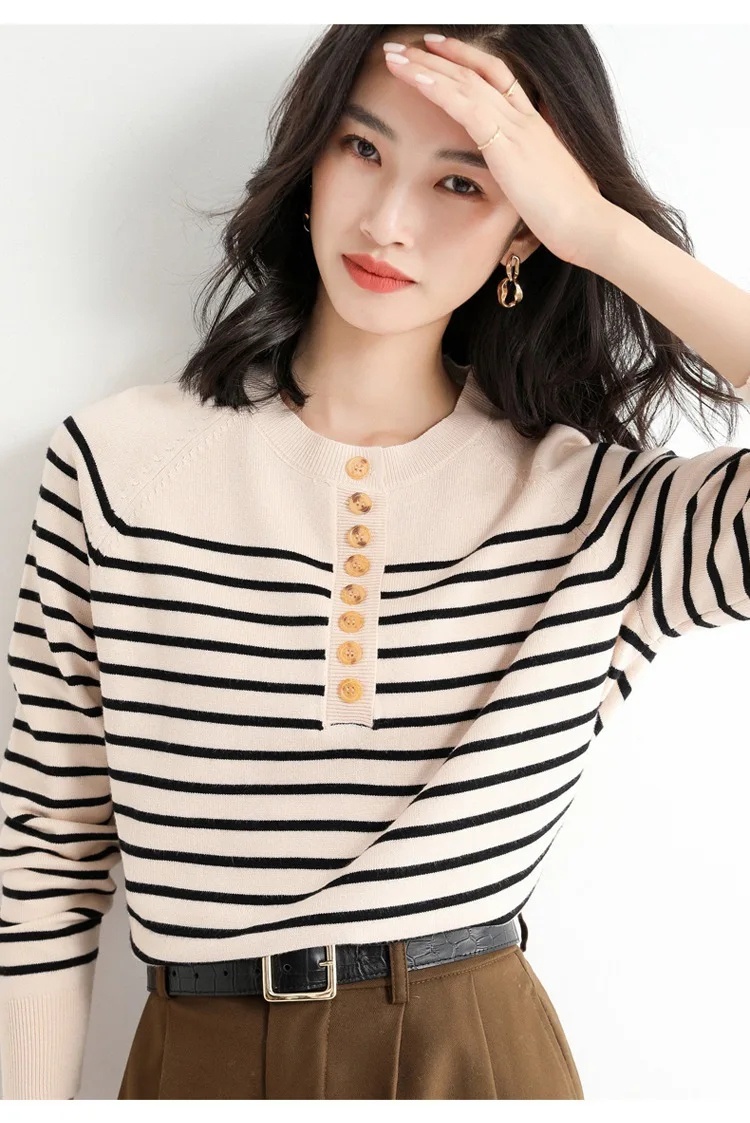 Women's Contrasting Color Striped Sweater Half High Neck Long Sleeve Base Shirt