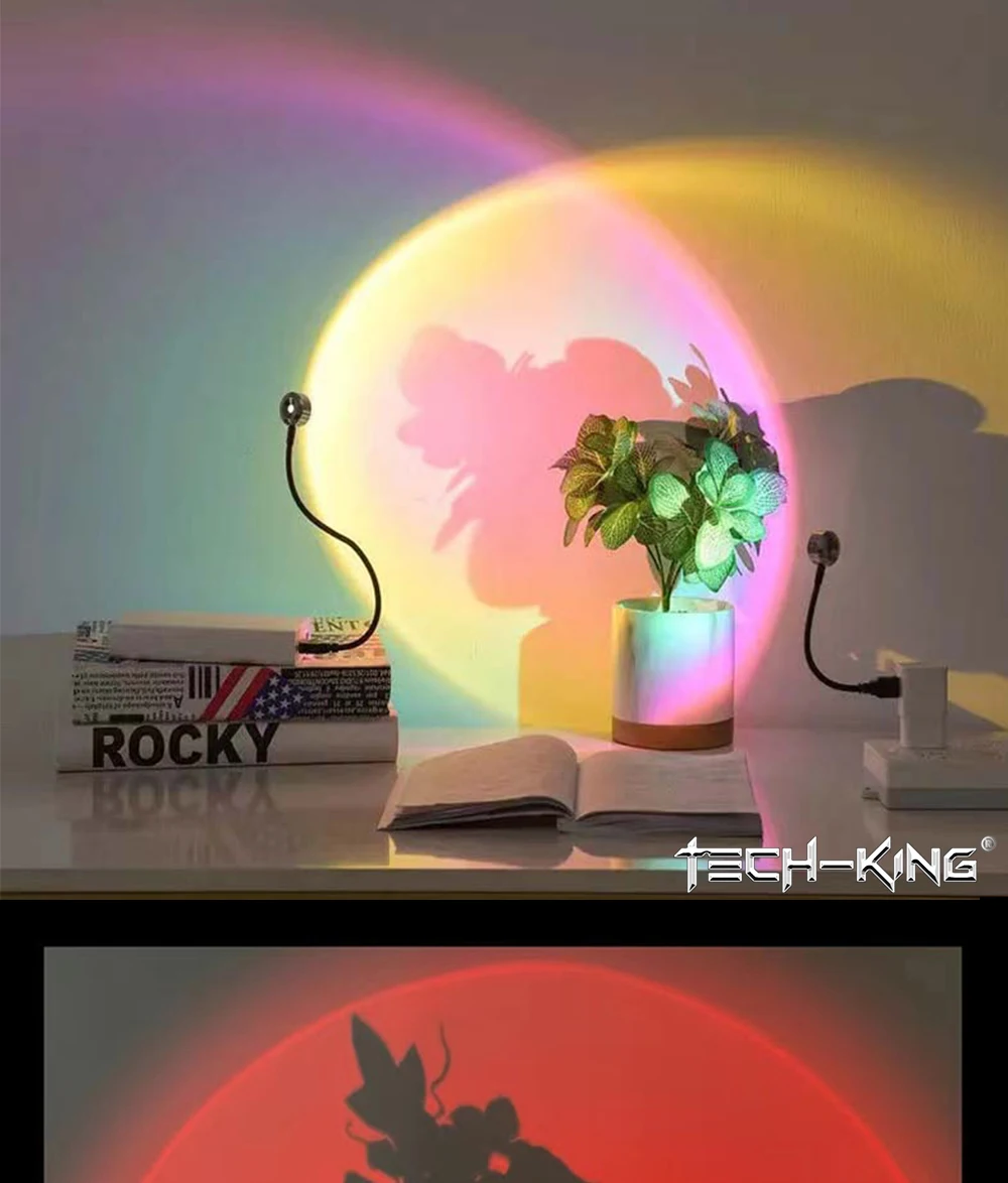 TECH-KING RGB Mini Portable Table Rainbow USB Led Light Projector Sunset Red Light Sunset Yellow atmosphere light