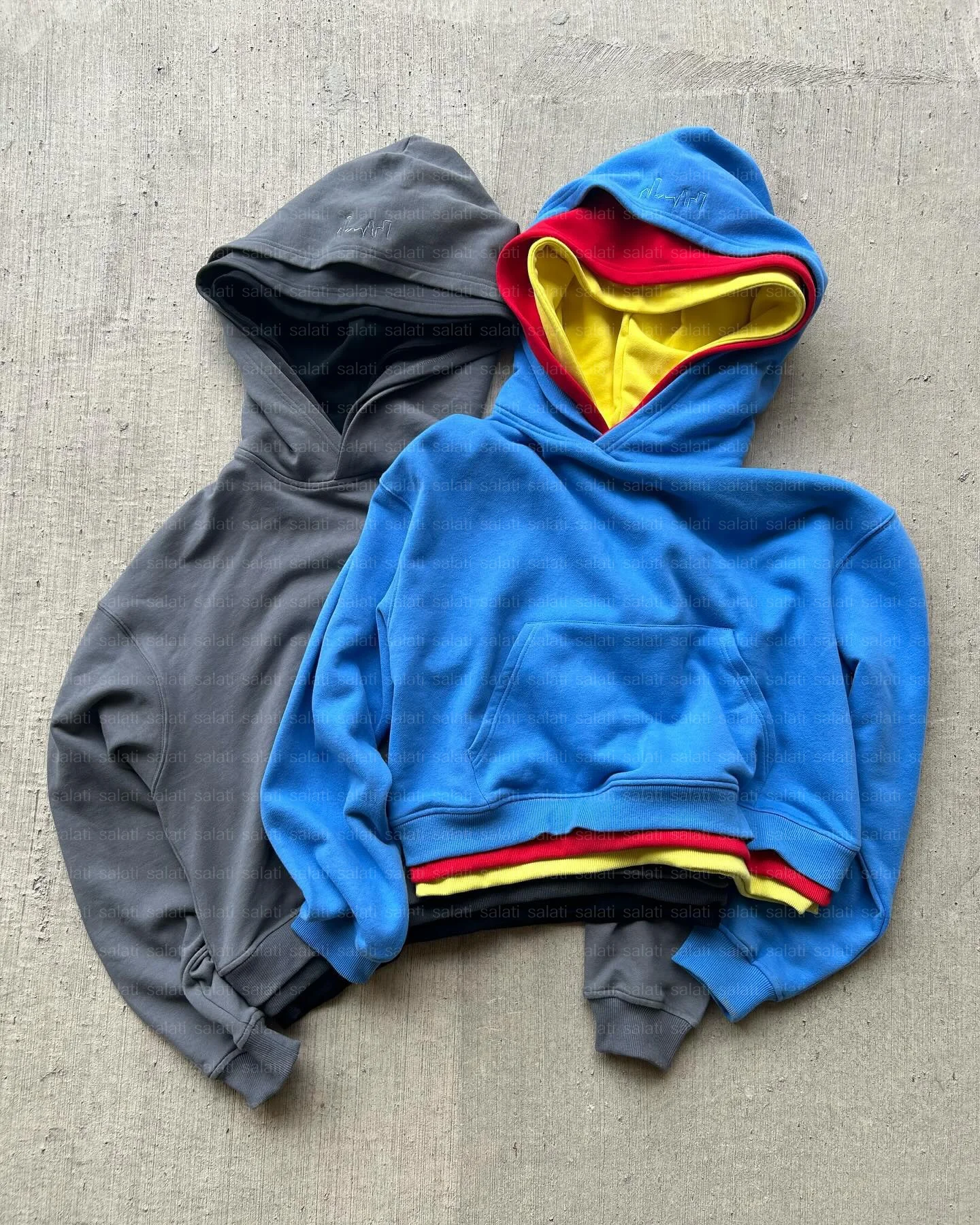 Custom Streetwear Hooded Sweatshirt Triple Multi 3 Layer Color Block Boxy Fit 500GSM Thick Plain Blank Embroidery Hoodie for Men gallery 8