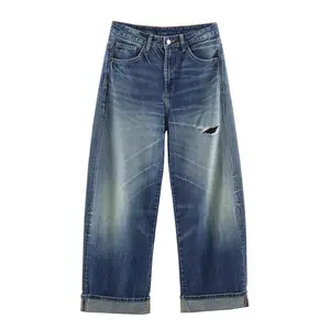 European and American Style New Women's Classic Denim Blue Mid-Waist Loose Distressed Washable Cut-out Button Woven Jeans