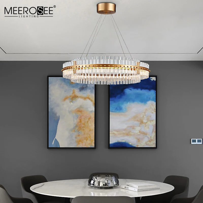 MEEROSEE Crystal Round Pendant Light Iron Frame Glass Light LED Circle Suspension Light MD86701