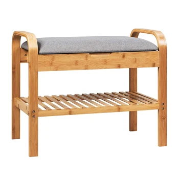 90cm Length Bamboo Storage Bench with Cushioned Seat Padded Seat Shoe Bench with Storage Shelf  for Entryway, Hallway, Bedroom