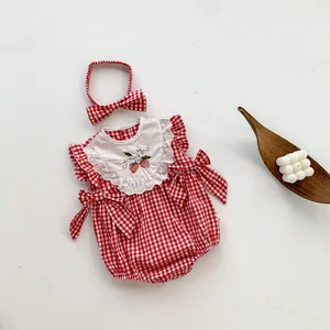 Casual Summer Baby Jumpsuit for Girls 100% Cotton Red Plaid Strawberry Embroidery Baby Rompers