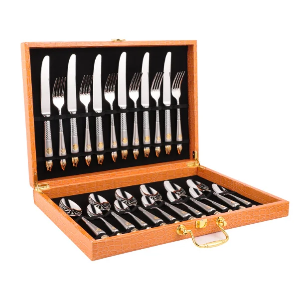 24 pieces stainless steel tableware gift box set with European gold plating