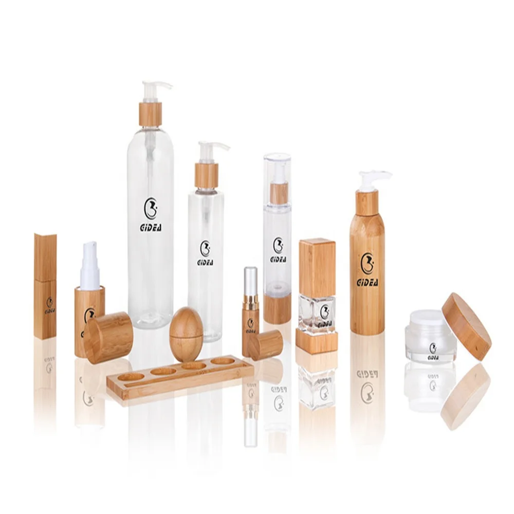China Bamboo Cosmetic Packaging Set Wholesale For Skin Care High Quality Bamboo Glass Cosmetic Packaging