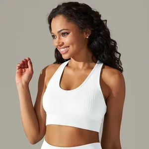 Women Deep U Neck Fitness Bra Seamless Ribbed Racerback Yoga Crop Top Slim Fit Gym Bra