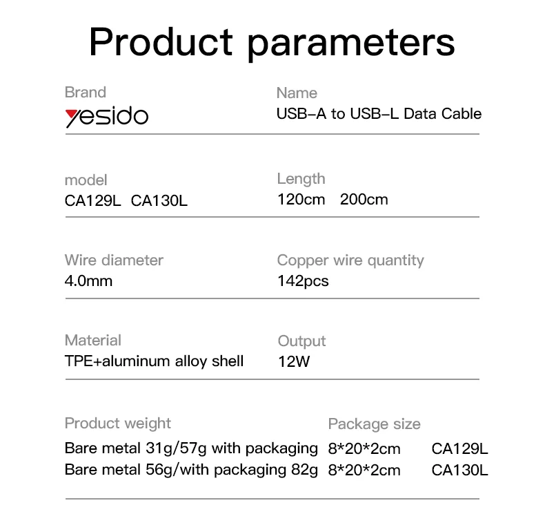 Yesido CA130L 2 متر USB إلى IP 12 واط شحن سريع مدمج في صحن سبائك الألومنيوم مضفر