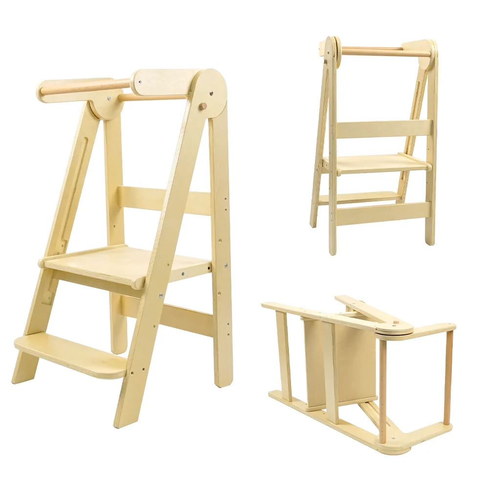 Wooden Fold Kitchen Stool Helper For Kids Toddler Adjustable Foldable Solid Wood Step Stool