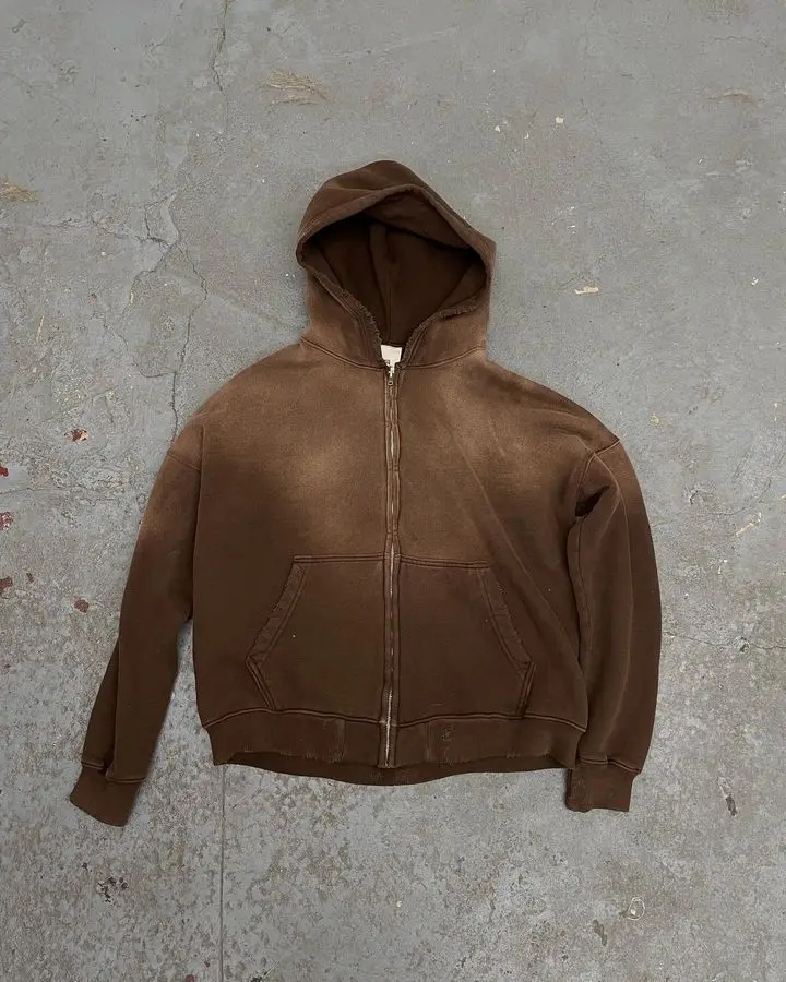Custom Zipper Hoodie Jacket Cotton French Terry Sweatshirts Blank Full Zip up Vintage Acid Wash Distressed Hoodies for Men gallery 9