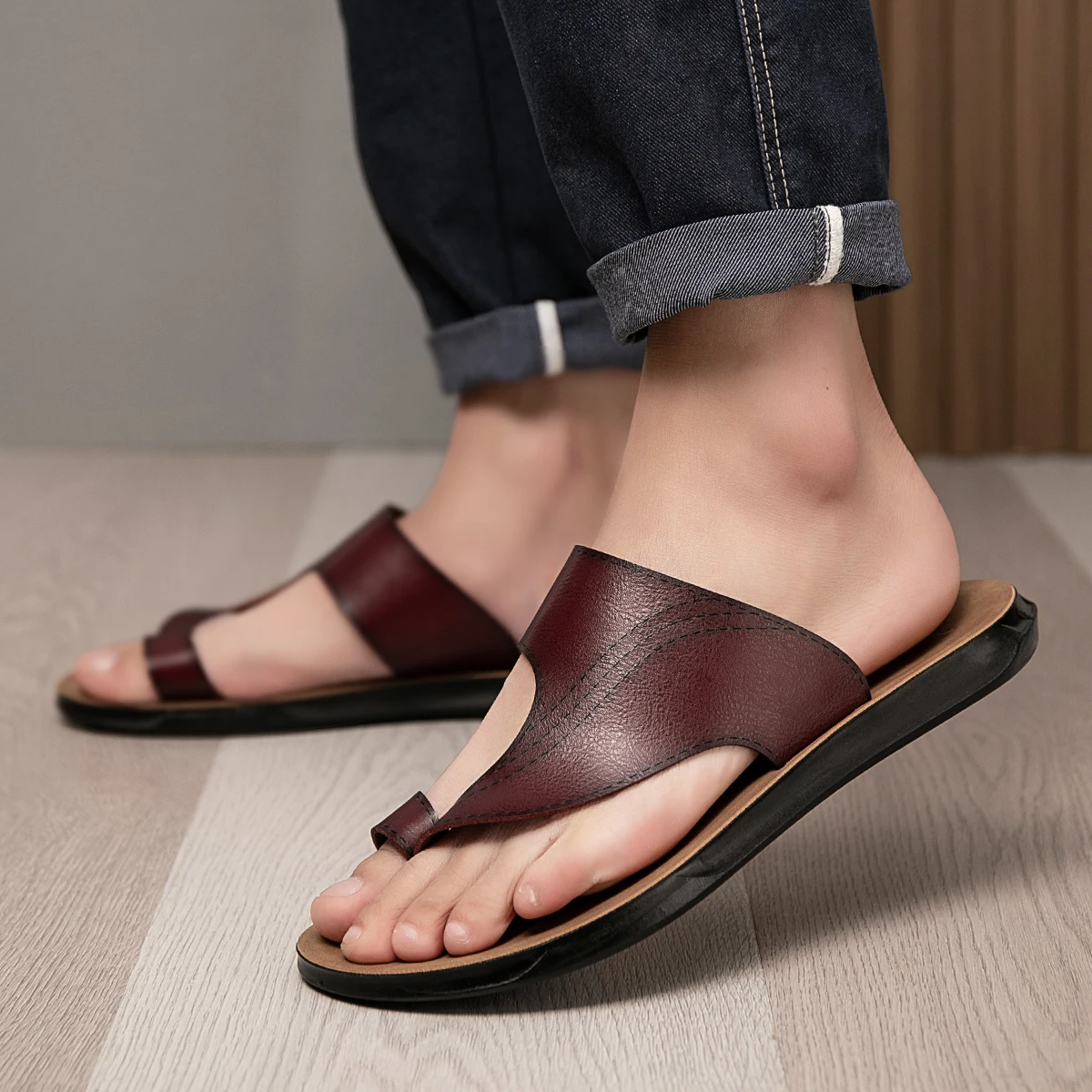 [COSYHARU公式]sunday summer leather flip-flop 関税・配送料込 Men's Summer Leather Sandals Breathable Non-Slip Soft Bottom