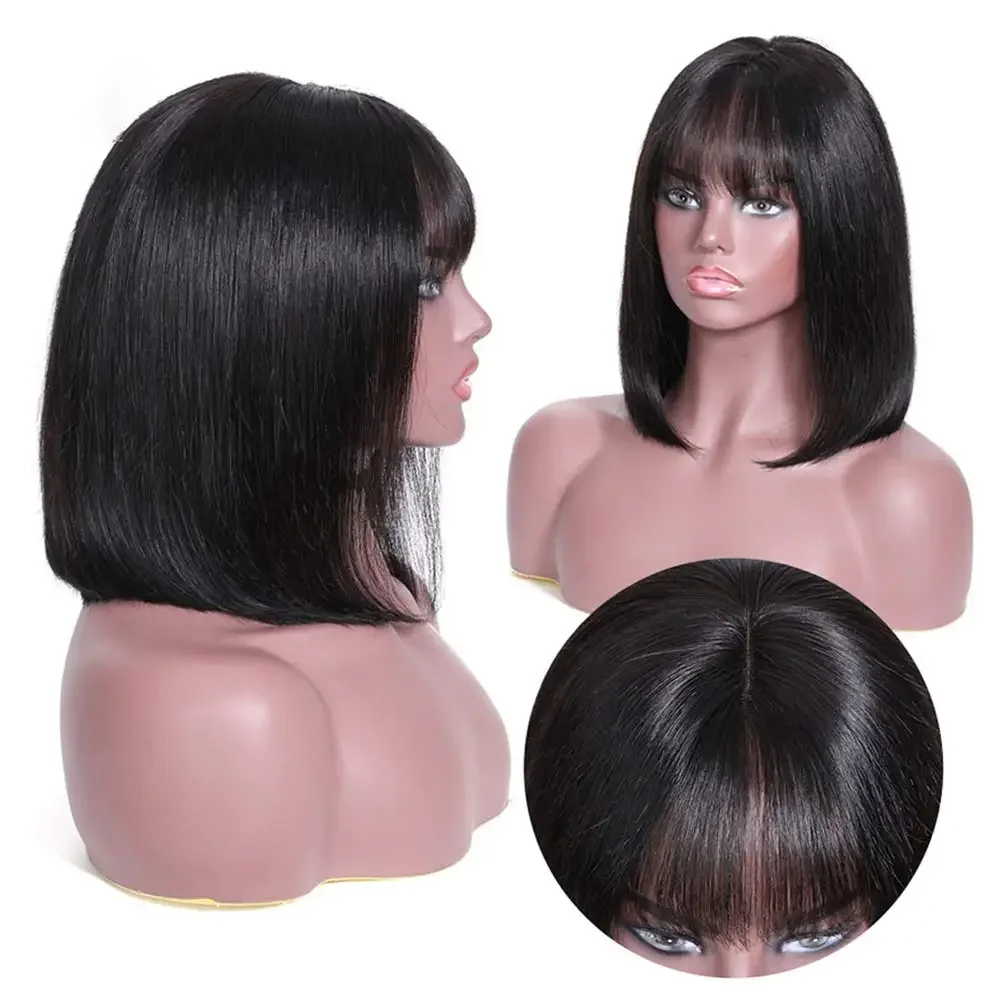 Korte Bob Rechte Menselijk Haar Pruiken Zonder Kant Volledig Machinaal Gemaakt Natuurlijke Kleur Met Pony Braziliaanse Remy Voor Vrouwen_voghion.com