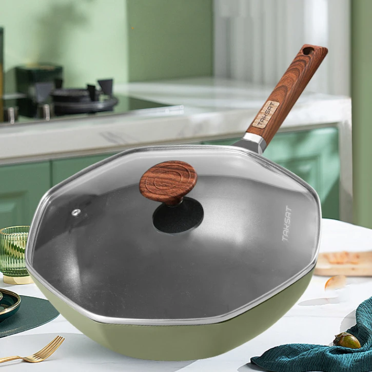 12 5 дюймовая антипригарная восьмиугольная вок с литым под давлением Индукционными водами и сковородкой стеклянной крышкой