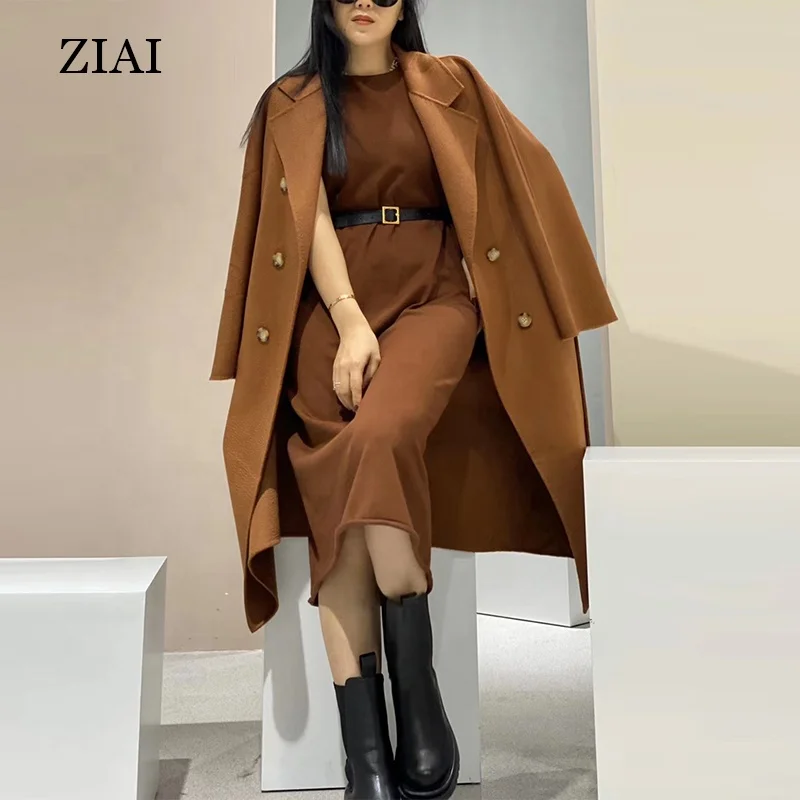 High Quality Ladies Western Wrap Long Australian Wool Cashmere Coat Plus  Size Pea Coats European Women Camel Wool Coat