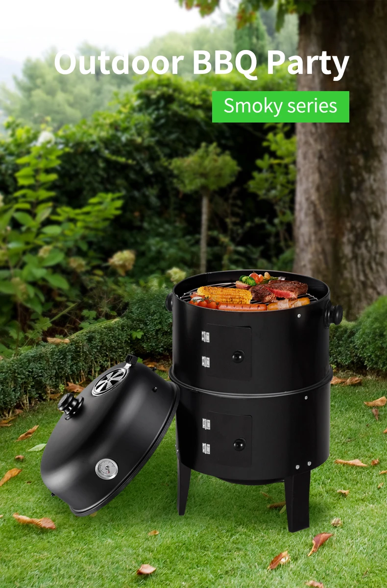 3 Layers Tower Vertical Barrel Outdoor Camping Barbecue Grill 3 In 1