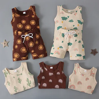 Boys and Girls children European and American summer Sleeveless cactus print vest top + Shorts two-piece suit