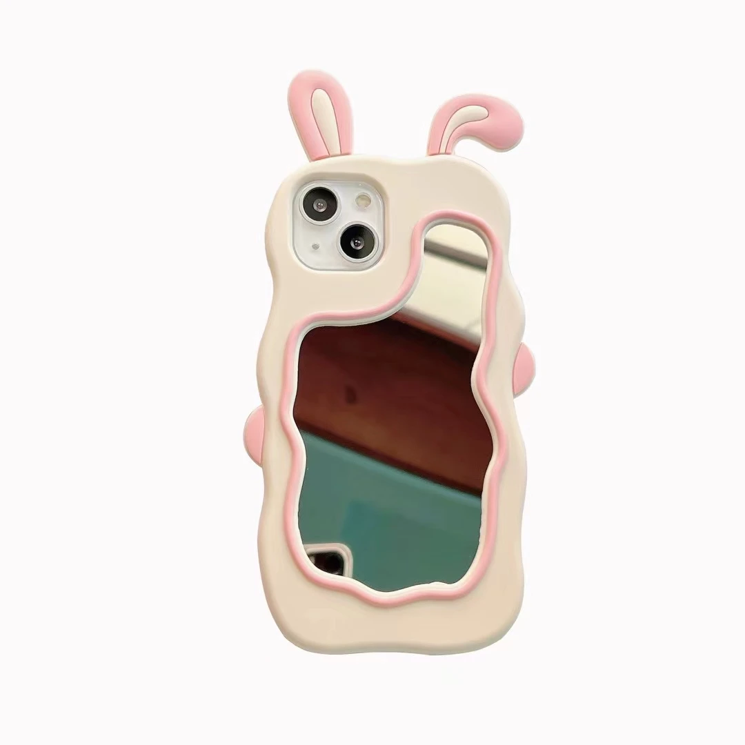Korean 3D Rabbit Ear Mirror Make up Phone Case for iPhone 11 13 12 14 15 Pro Max XR XS Max Cute Shockproof Silicone Cover