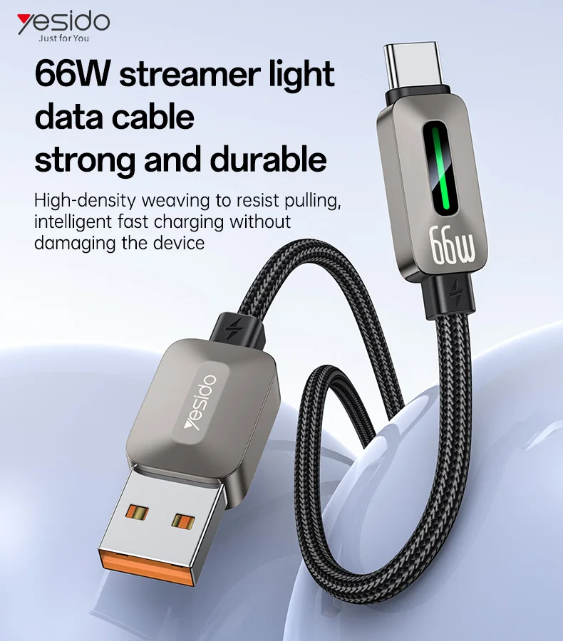 Yesido 1.2 Meter 66W Fast Charging USB to Type-C Streamer Light Support CarPlay Zinc Alloy Data Cable CA137C
