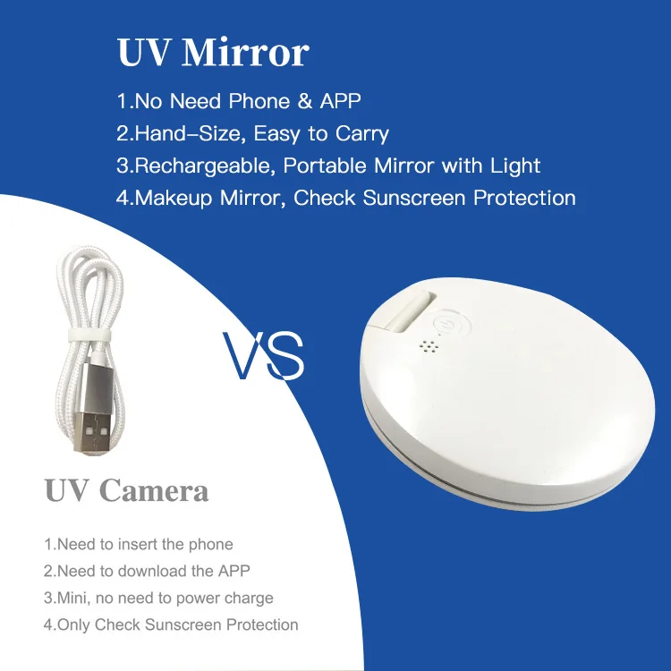 Travel Makeup Mirror 2x Magnification Portable Led Makeup Mirror Vanity Makeup Mirror With Uv Camera for Sunscreen Test