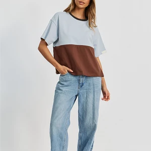 Drop Shoulder Nursing Tee - Brown & Baby Blue Mixed Color Block Breastfeeding Shirt
