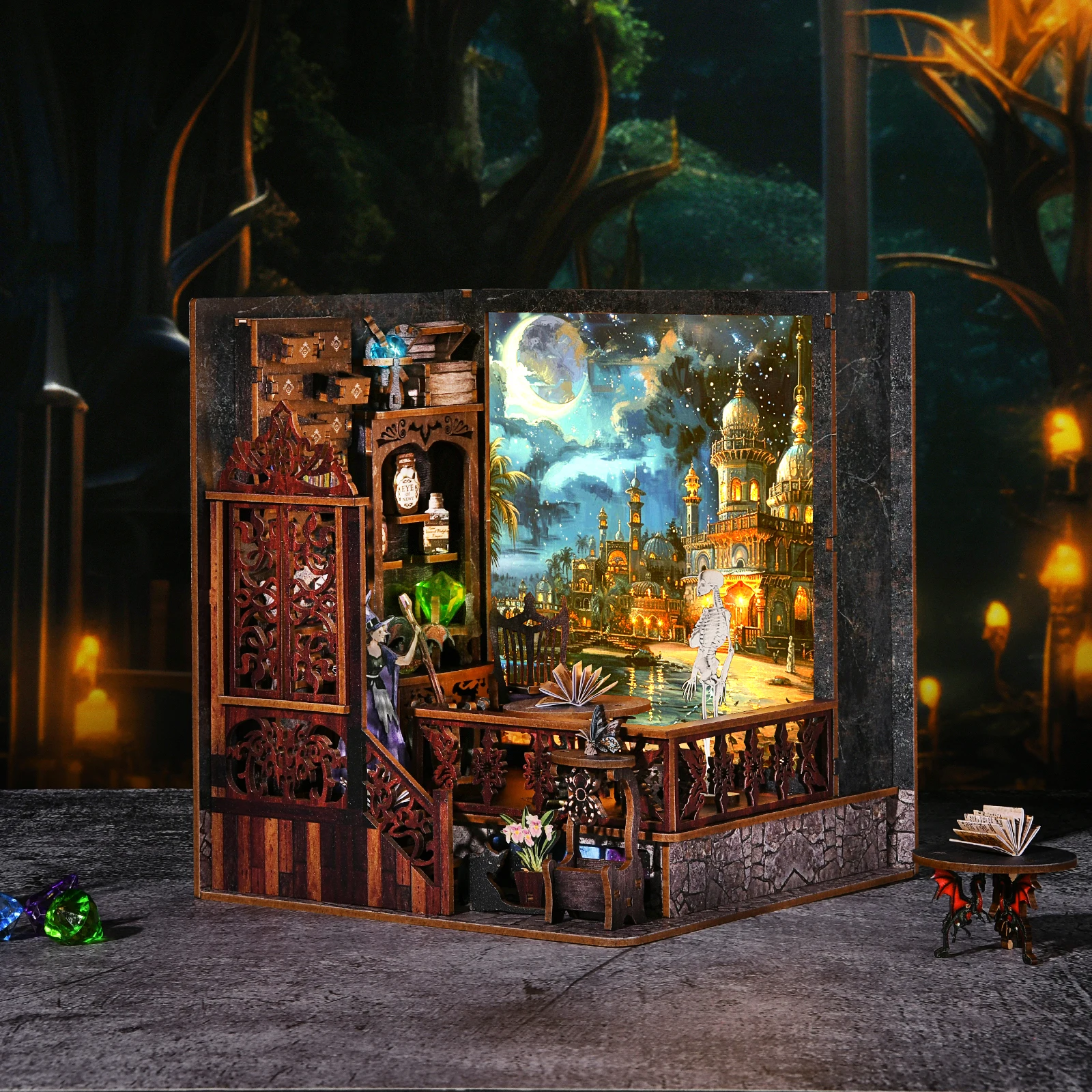 magiczny 3D Zestaw Book Nook - Samodzielnie montowany miniaturowy wkład do półki, drewniana układanka na dekorację wnętrz, wyjątkowy prezent dla miłośników książek