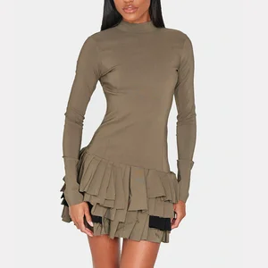 Factory New Arrival High Neck Long Sleeve Dresses Custom Cutout Design Slim Fit Womensolid Color Backless Mini Shift Dress