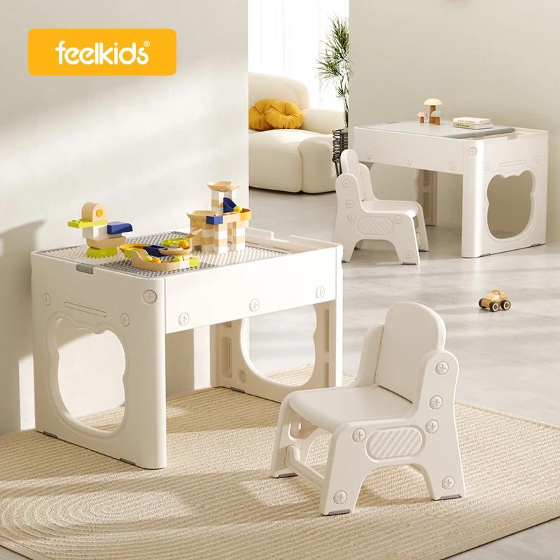 Feelkids Bear Building Blocks Table Children Plastic Reading Study Desk Baby Dining Learning Kids Play Table and Chairs  Set