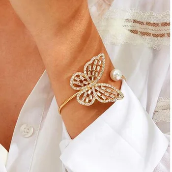 New Design Fashion Gold Open Cuff Bangle Bracelet Jewelry Pearl Rhinestone Butterfly Bracelet Bangle For Women