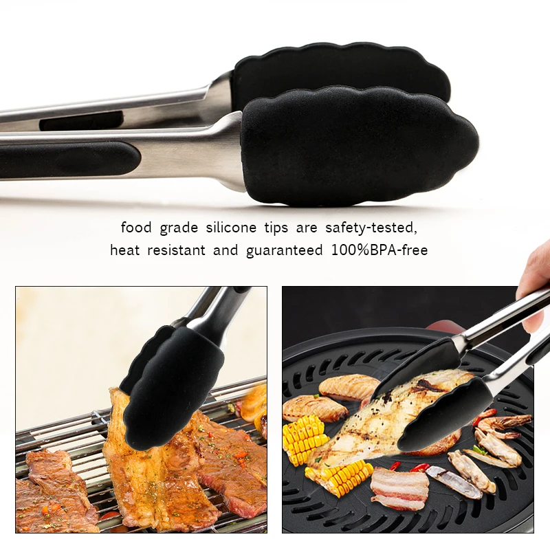 USSE BPA Free Stylish Stainless Steel Tongs Silicone Tipped, Kitchen Food BBQ and Cooking Tongs Set details