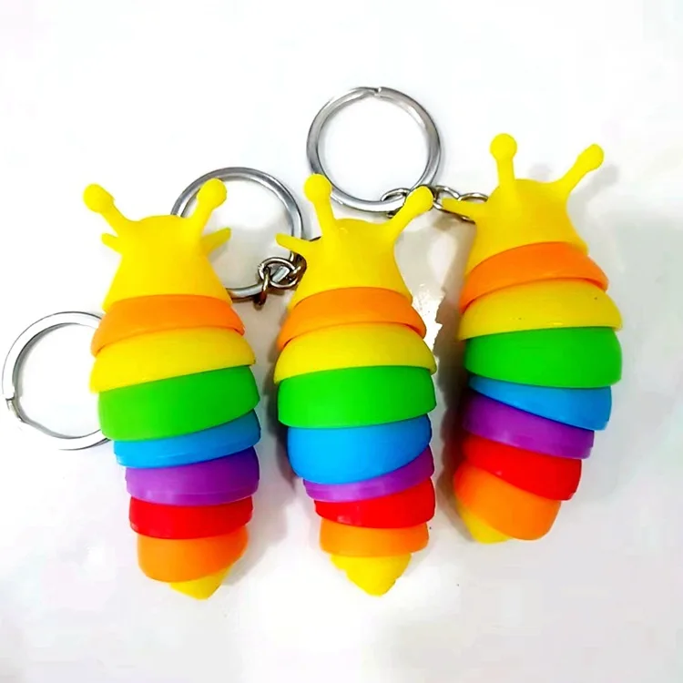 Mini Fidget Slug Keychain Toys 3D Articulated Stretch Caterpillar Sensory Stress Relief Flexible Hand Toy Keyring Bag Pendent