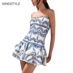 Summer Elegant Strapless Dress with Sexy Embroidered Floral Lace Breathable Woven Pleated Design A-Character Daily Style