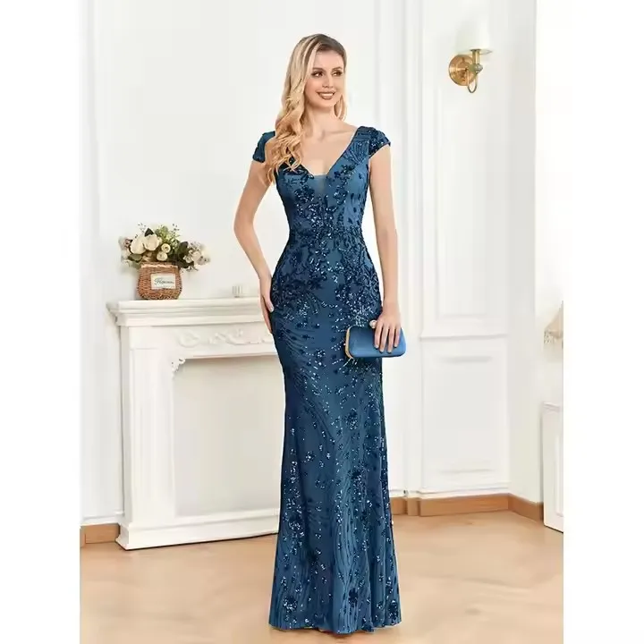 sachin and babi light blue dress Champagne Gold Sequin V-neck A-line Double-Slit Prom Gown