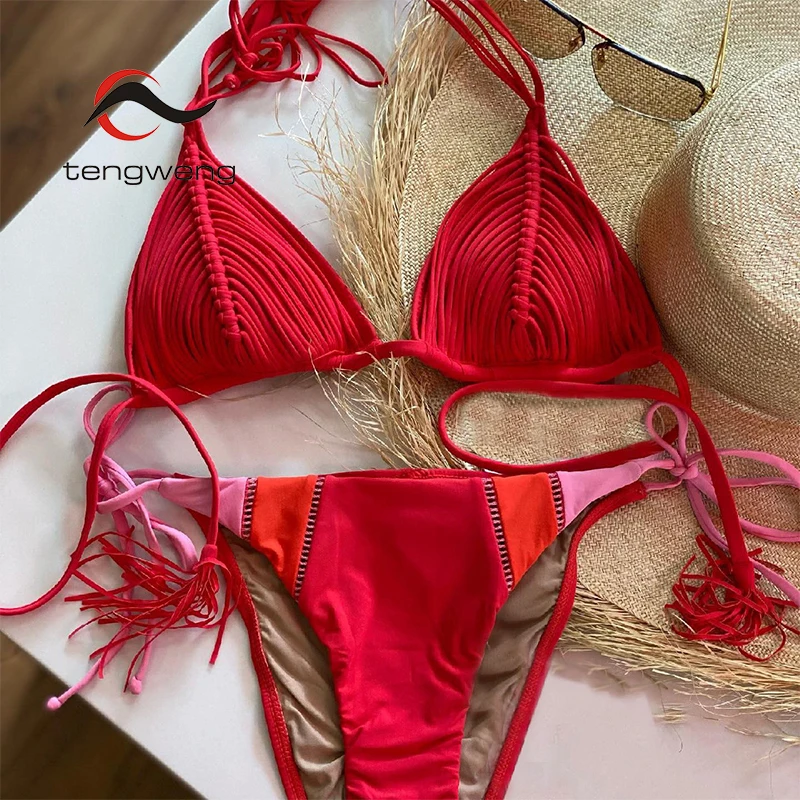 TW Two Pieces Bikini Set Crochet Swimsuit Women Sexy Swimwear Female Red  Brazilian Biquini High Cut Bathing Suit
