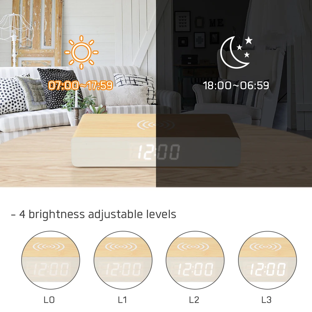 Деревянная Беспроводная деревянная зарядка будильника Led Qi Быстрая зарядка для телефона часы