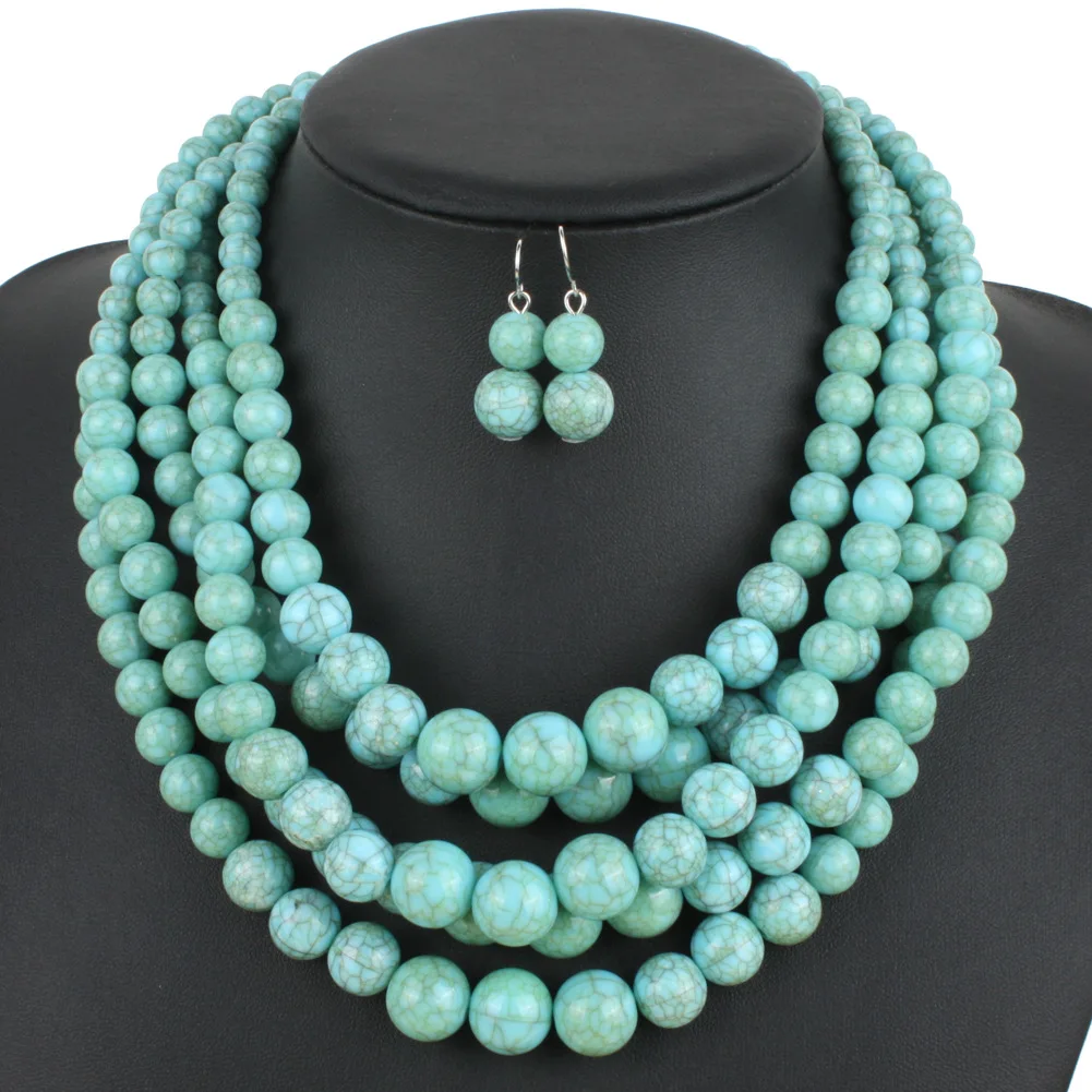 Imitation Turquoise Crack Beaded Multi Layered Necklace Earrings Bridal Jewelry Set