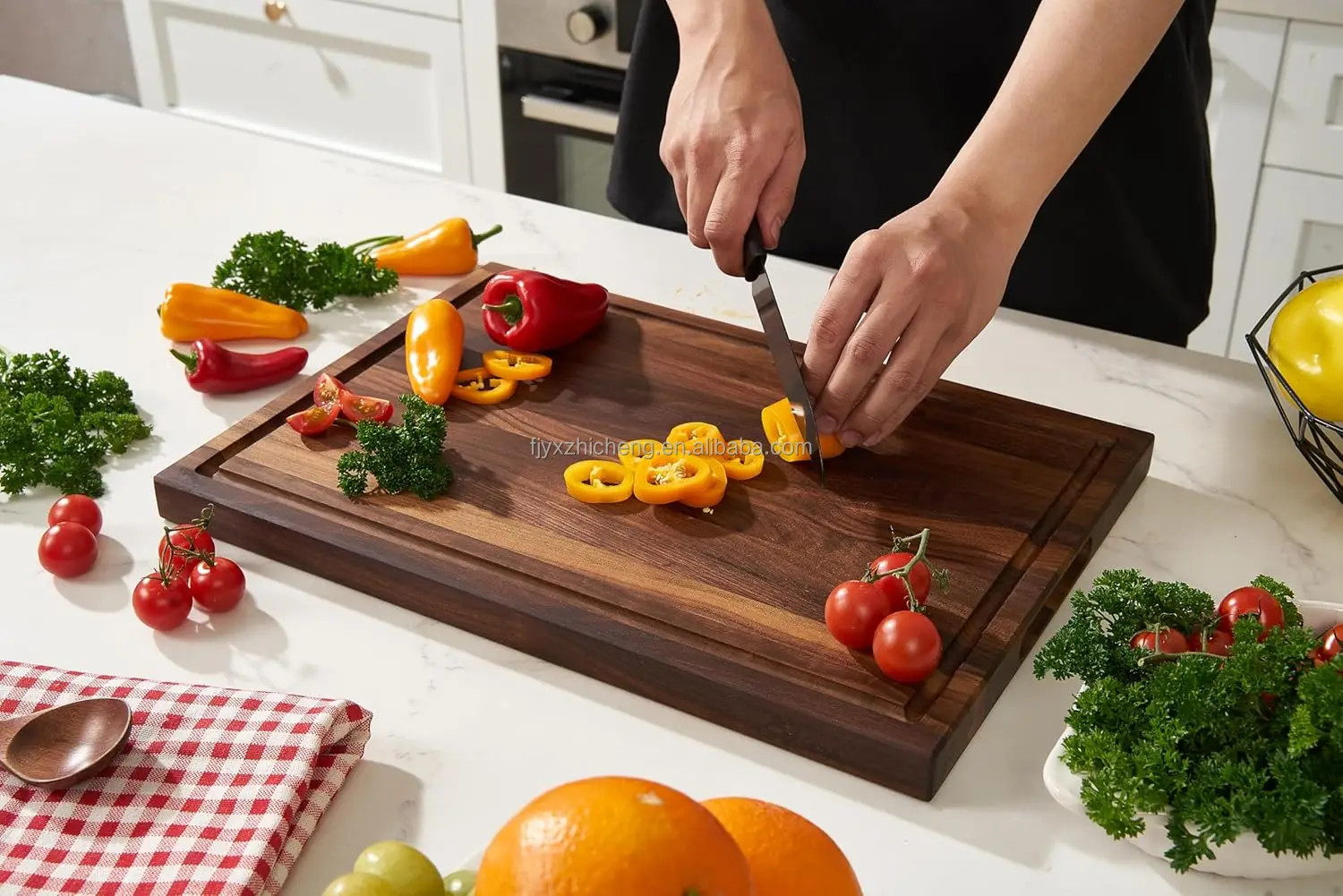 product american dark walnut wood cutting board 17x12x1in kitchen juice groove inner handles thick wooden board-3