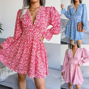 Pleated Dress Frills High Waist Ruffled Zipper Floral Print Long Sleeve Mini Knee Dress Tiered Bohe Chiffon Casual Dresses